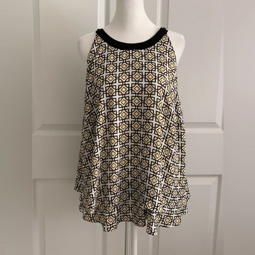 WORTHINGTON Women’s Sleeveless Tiered Black White & Gold Print Tank Size: 0X